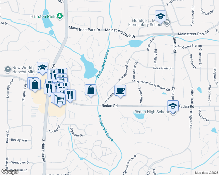 map of restaurants, bars, coffee shops, grocery stores, and more near 1120 Nimblewood Way in Stone Mountain