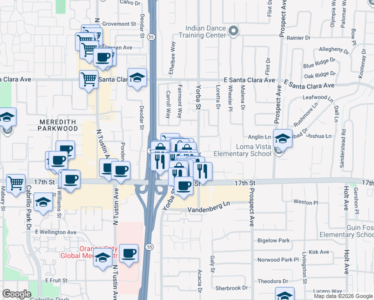 map of restaurants, bars, coffee shops, grocery stores, and more near 13811 Palace Way in Tustin