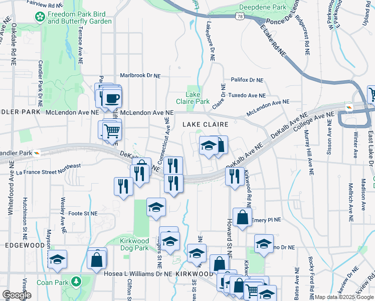 map of restaurants, bars, coffee shops, grocery stores, and more near 289 Mathews Ave NE in Atlanta