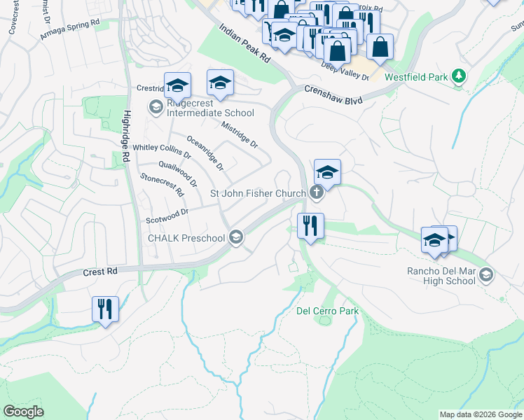 map of restaurants, bars, coffee shops, grocery stores, and more near 5640 Sunmist Drive in Rancho Palos Verdes