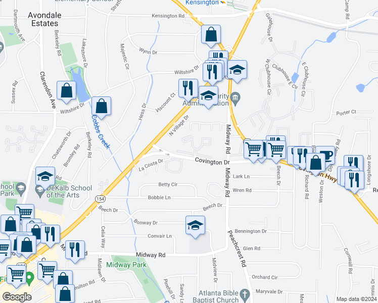 map of restaurants, bars, coffee shops, grocery stores, and more near 3278 Covington Drive in Decatur