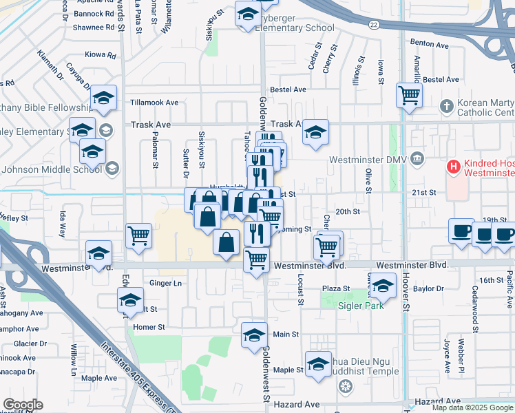 map of restaurants, bars, coffee shops, grocery stores, and more near 13757 Goldenwest Street in Westminster