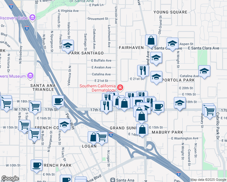 map of restaurants, bars, coffee shops, grocery stores, and more near 1013 East 19th Street in Santa Ana