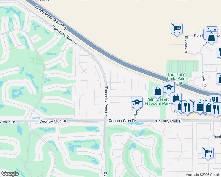 map of restaurants, bars, coffee shops, grocery stores, and more near 126 Romanza Lane in Palm Desert