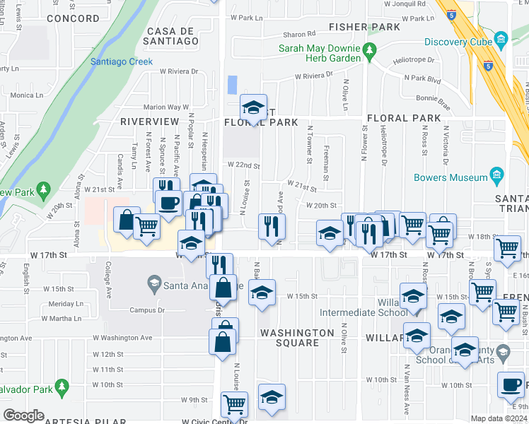 map of restaurants, bars, coffee shops, grocery stores, and more near 1915 North Baker Street in Santa Ana