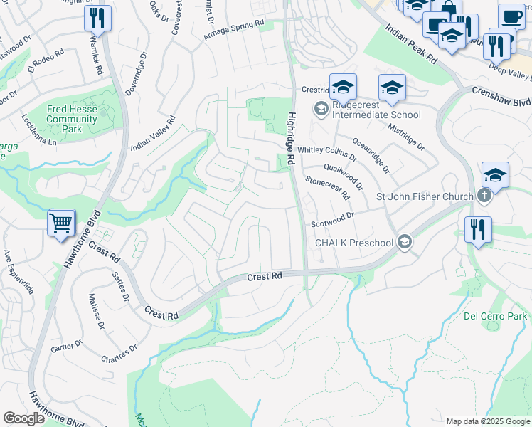 map of restaurants, bars, coffee shops, grocery stores, and more near 12 Country Meadow Road in Rolling Hills Estates