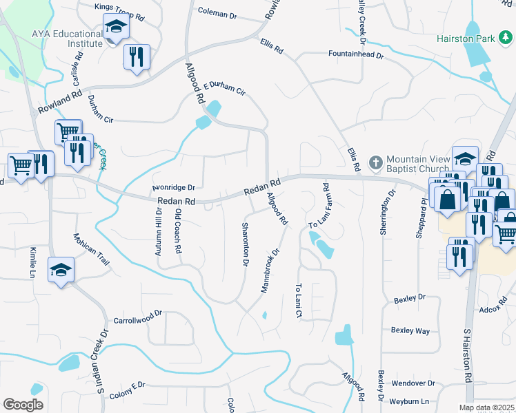 map of restaurants, bars, coffee shops, grocery stores, and more near 1106 Sharonton Way in Stone Mountain