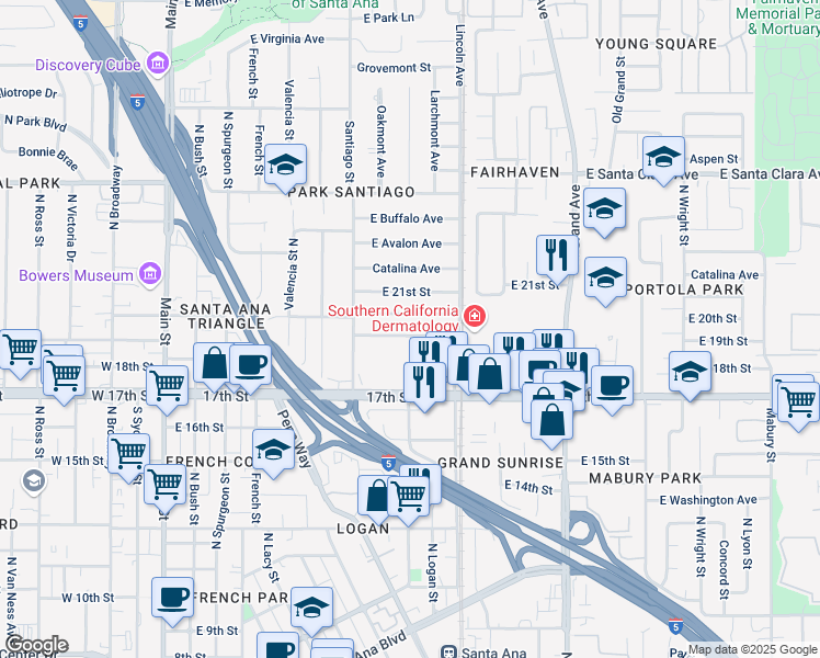 map of restaurants, bars, coffee shops, grocery stores, and more near 901 East 19th Street in Santa Ana