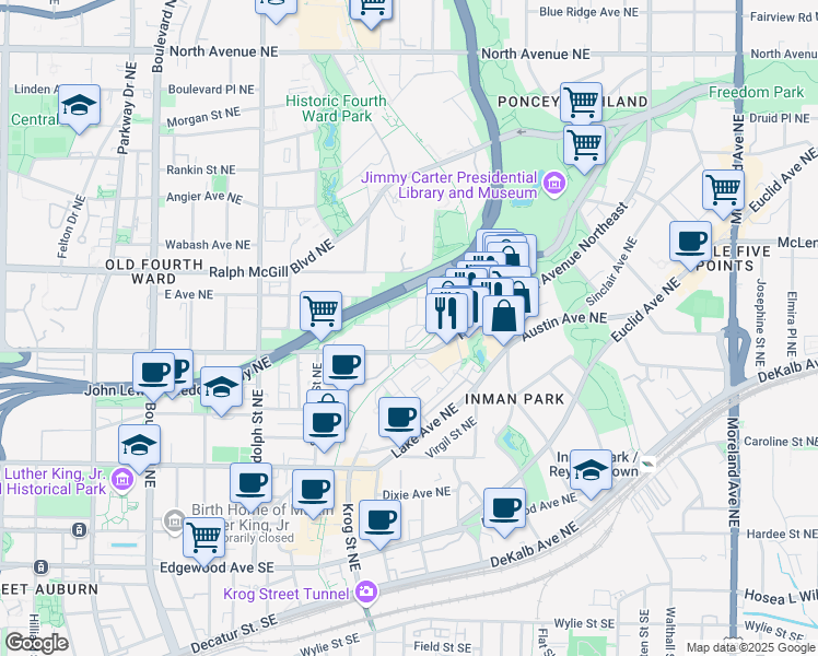 map of restaurants, bars, coffee shops, grocery stores, and more near 392 Patterson Way North East in Atlanta
