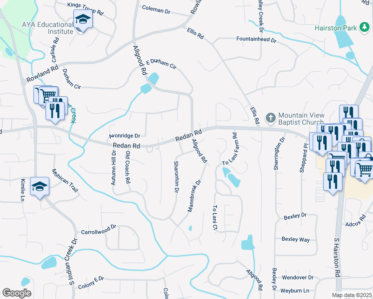 map of restaurants, bars, coffee shops, grocery stores, and more near 1106 Sharonton Way in Stone Mountain