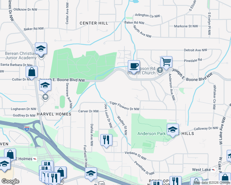 map of restaurants, bars, coffee shops, grocery stores, and more near 2150 Simpson Road Northwest in Atlanta