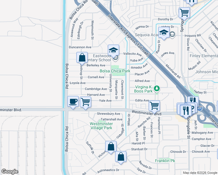 map of restaurants, bars, coffee shops, grocery stores, and more near 13781 University Street in Westminster