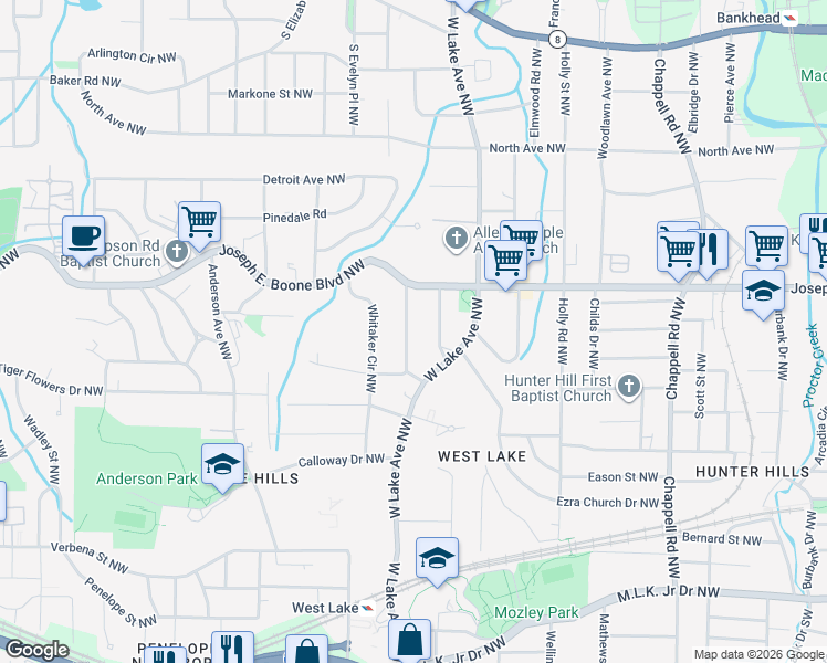 map of restaurants, bars, coffee shops, grocery stores, and more near 250 Richardson Road Northwest in Atlanta