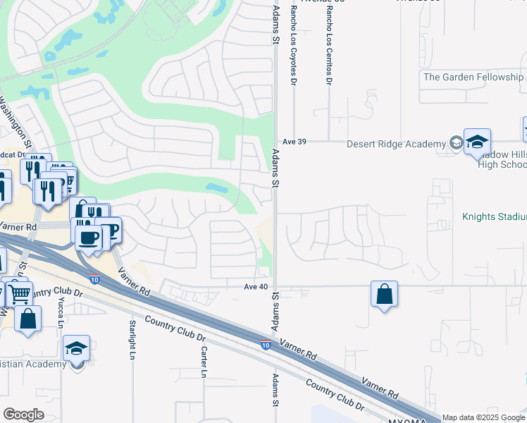 map of restaurants, bars, coffee shops, grocery stores, and more near 39473 Peach Blossom Circle in Palm Desert