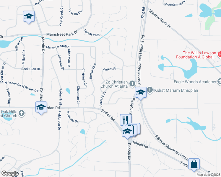 map of restaurants, bars, coffee shops, grocery stores, and more near 1077 Forest East Drive in Stone Mountain