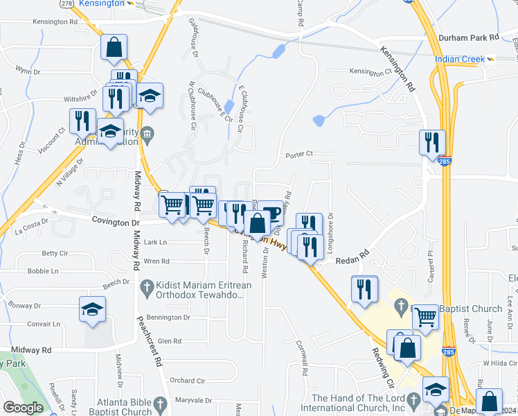 map of restaurants, bars, coffee shops, grocery stores, and more near 3561 Swallow Lane in Decatur