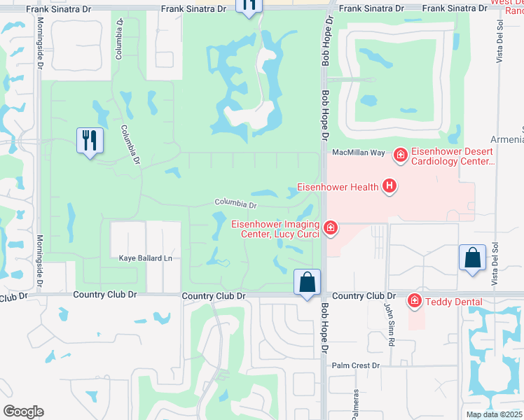 map of restaurants, bars, coffee shops, grocery stores, and more near 23 Columbia Drive in Rancho Mirage
