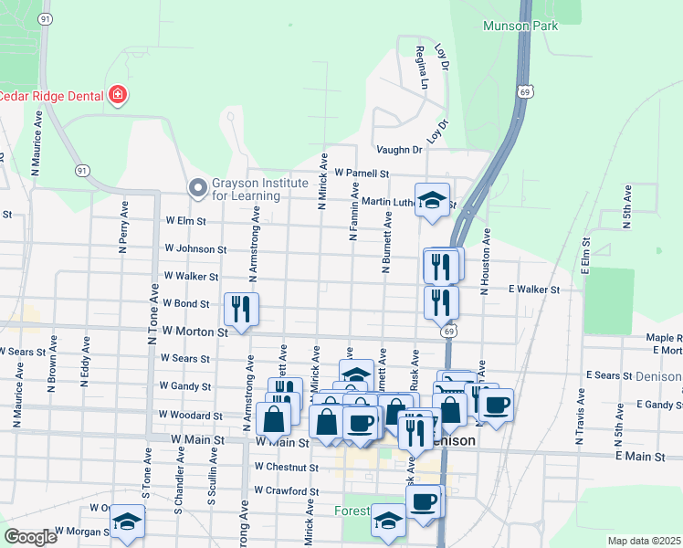 map of restaurants, bars, coffee shops, grocery stores, and more near 505 West Walker Street in Denison