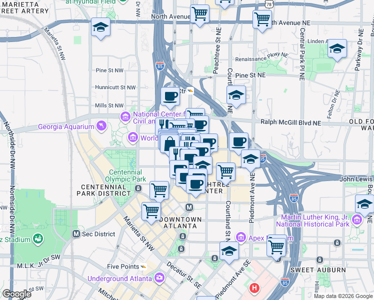 map of restaurants, bars, coffee shops, grocery stores, and more near 300 Peachtree Street Northwest in Atlanta