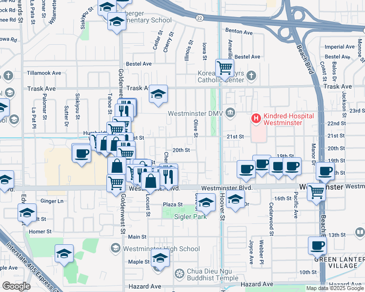 map of restaurants, bars, coffee shops, grocery stores, and more near 7271 20th Street in Westminster