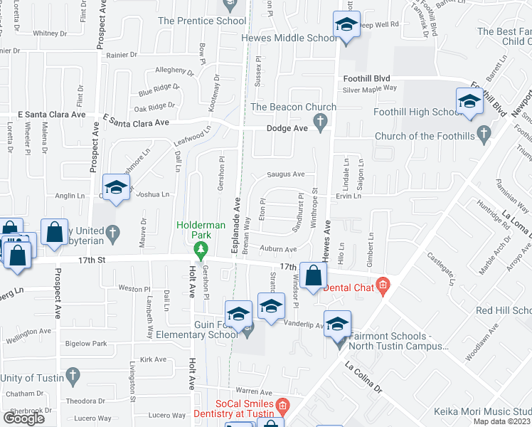 map of restaurants, bars, coffee shops, grocery stores, and more near 18511 Medford Avenue in Santa Ana