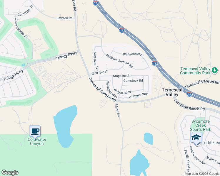 map of restaurants, bars, coffee shops, grocery stores, and more near 10081 Wrangler Way in Corona