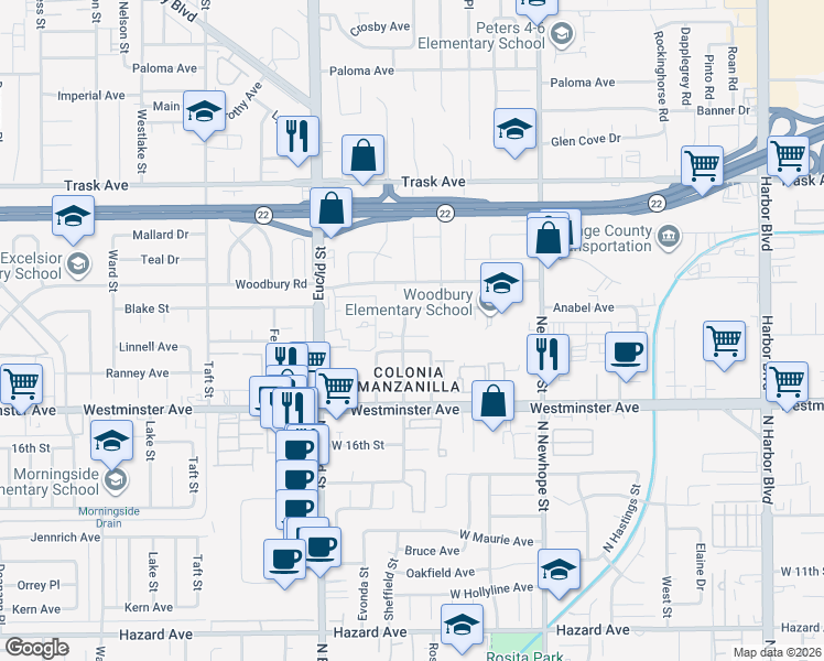 map of restaurants, bars, coffee shops, grocery stores, and more near 11182 Cynthia Avenue in Garden Grove