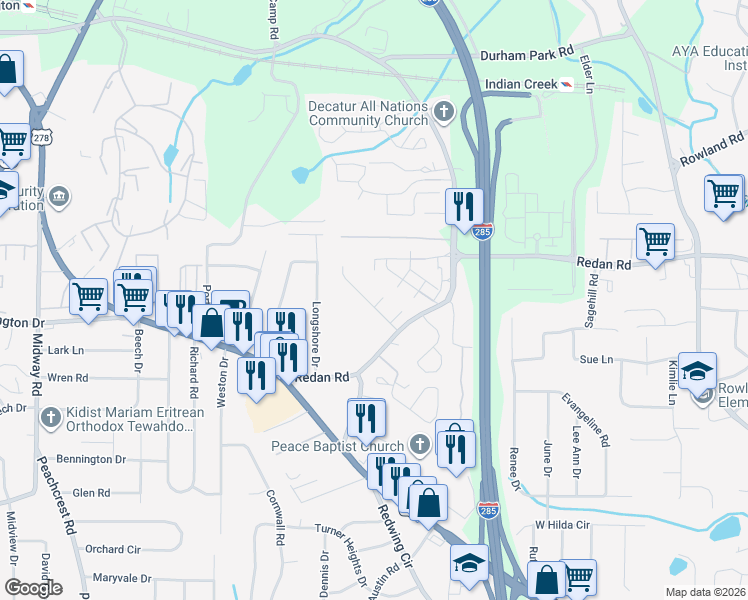 map of restaurants, bars, coffee shops, grocery stores, and more near 3746 Oakwood Manor in Decatur