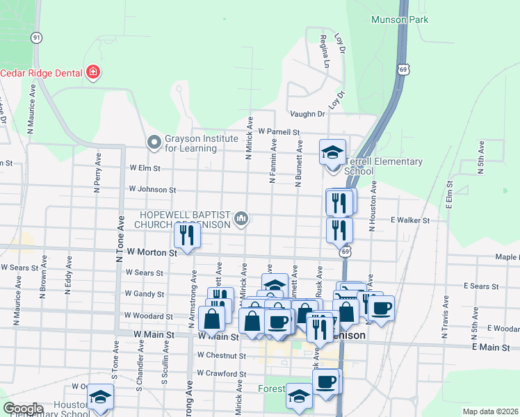 map of restaurants, bars, coffee shops, grocery stores, and more near 505 West Walker Street in Denison