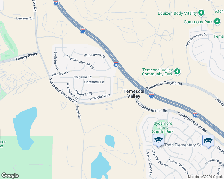 map of restaurants, bars, coffee shops, grocery stores, and more near 10555 Wrangler Way in Corona