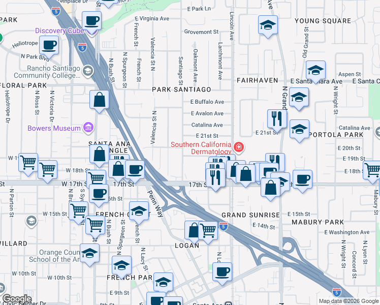 map of restaurants, bars, coffee shops, grocery stores, and more near 709 East 19th Street in Santa Ana