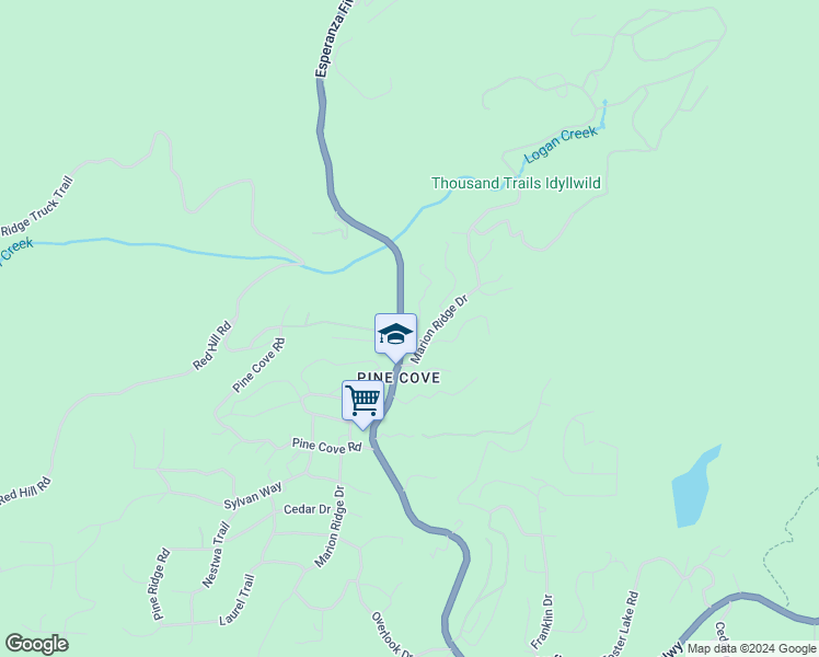 map of restaurants, bars, coffee shops, grocery stores, and more near 24825 Logan Creek Road in Idyllwild-Pine Cove