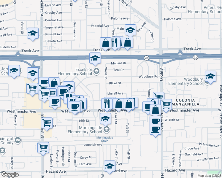map of restaurants, bars, coffee shops, grocery stores, and more near 13801 Howard Circle in Garden Grove