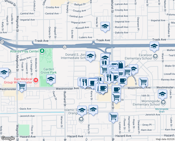 map of restaurants, bars, coffee shops, grocery stores, and more near 13821 Cork Street in Garden Grove
