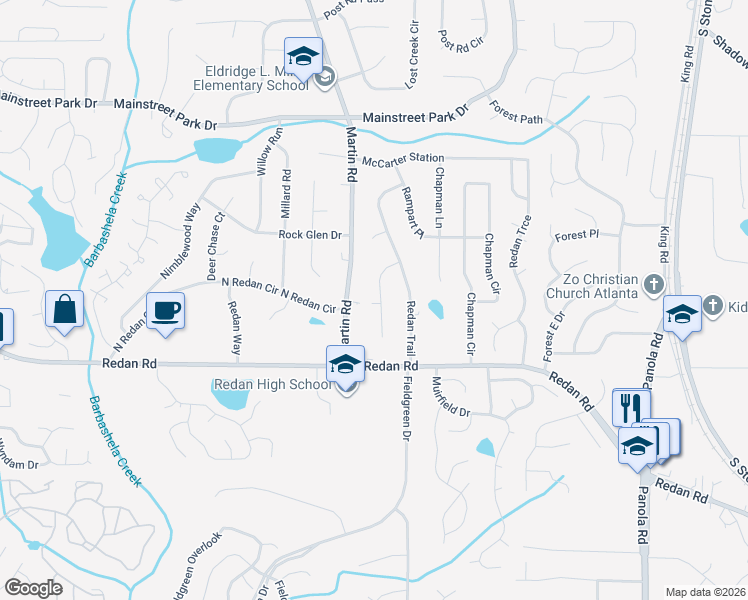 map of restaurants, bars, coffee shops, grocery stores, and more near 1096 Redan Trail Court in Stone Mountain