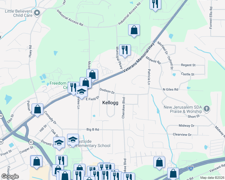 map of restaurants, bars, coffee shops, grocery stores, and more near 1610 Mimosa Lane in Douglasville
