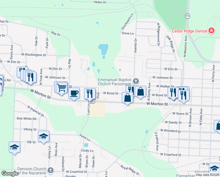 map of restaurants, bars, coffee shops, grocery stores, and more near 2119 West Bond Street in Denison