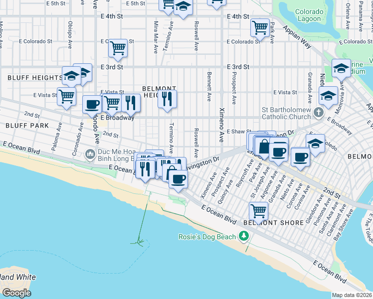 map of restaurants, bars, coffee shops, grocery stores, and more near 132 Belmont Avenue in Long Beach