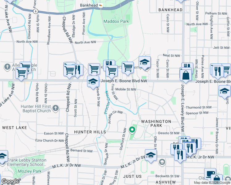 map of restaurants, bars, coffee shops, grocery stores, and more near 1200 Mobile Street Northwest in Atlanta