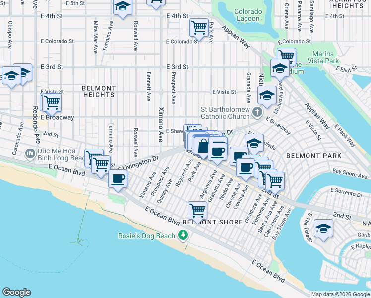 map of restaurants, bars, coffee shops, grocery stores, and more near 2nd Street in Long Beach