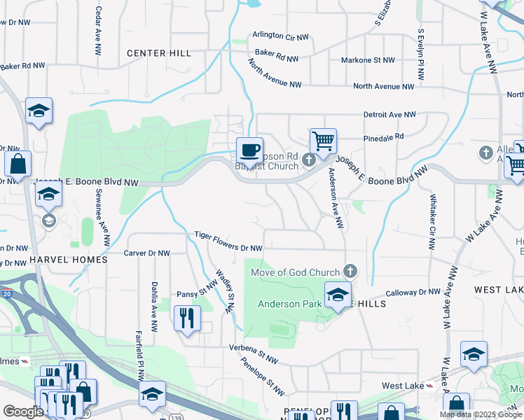 map of restaurants, bars, coffee shops, grocery stores, and more near 2066 Bethel Drive Northwest in Atlanta