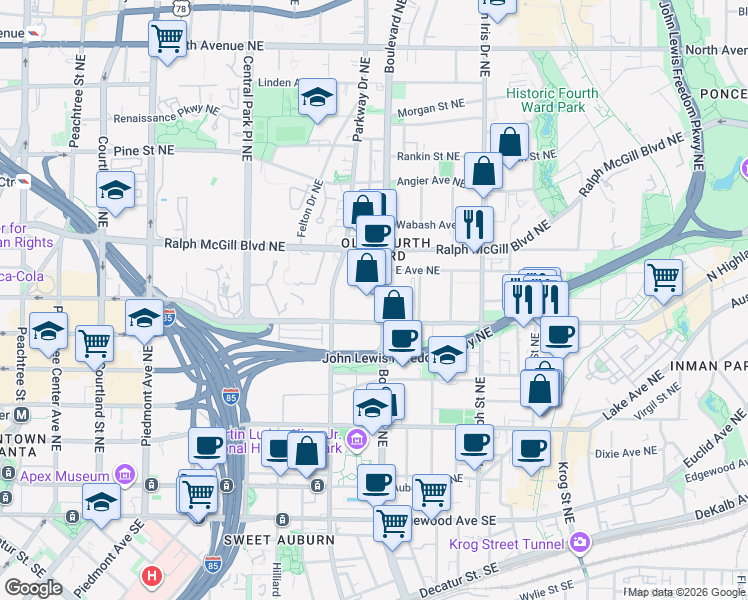 map of restaurants, bars, coffee shops, grocery stores, and more near 444 Highland Avenue Northeast in Atlanta