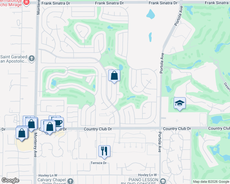 map of restaurants, bars, coffee shops, grocery stores, and more near 39428 Warm Springs Drive in Palm Desert