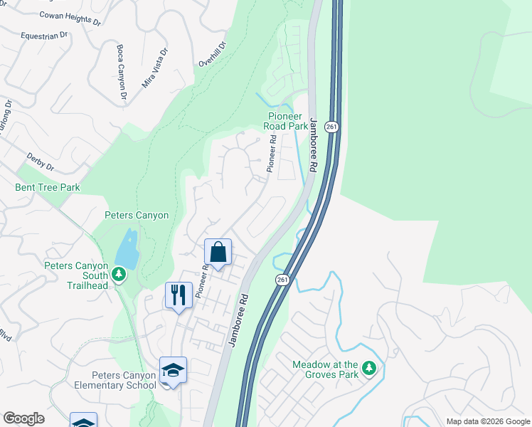 map of restaurants, bars, coffee shops, grocery stores, and more near 10590 Costello Drive in Tustin