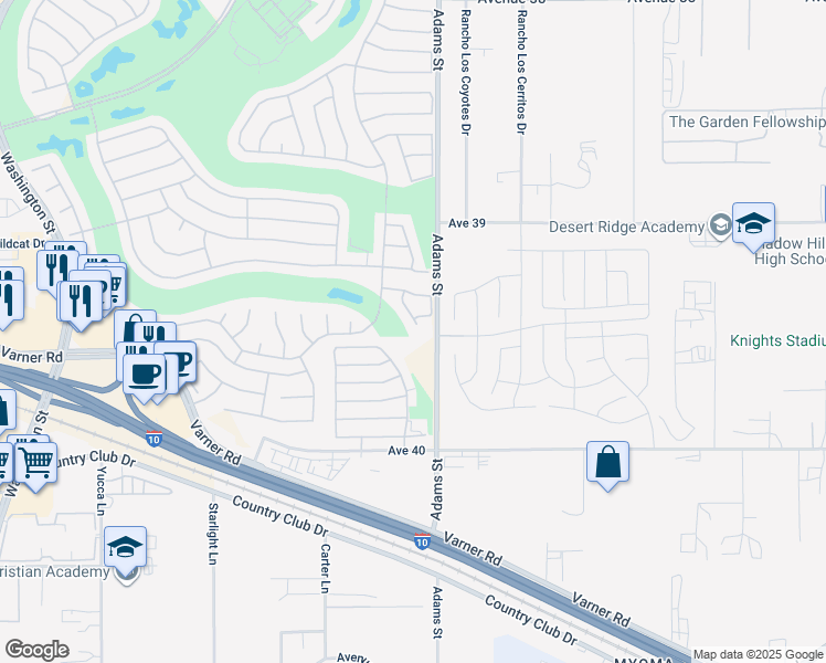 map of restaurants, bars, coffee shops, grocery stores, and more near 39473 Peach Blossom Circle in Palm Desert