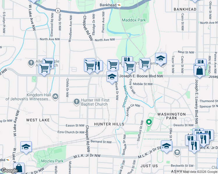 map of restaurants, bars, coffee shops, grocery stores, and more near 1300 Joseph E. Boone Boulevard Northwest in Atlanta