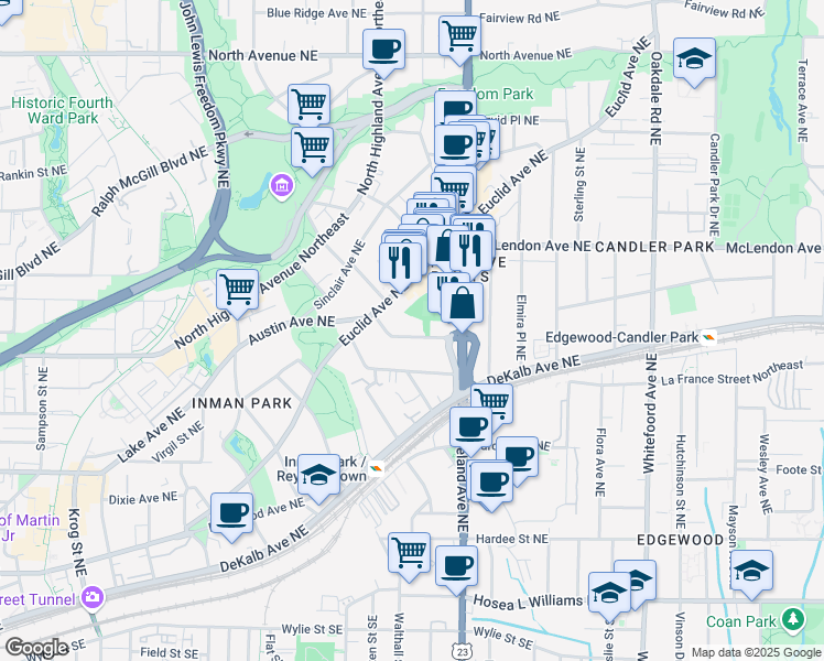 map of restaurants, bars, coffee shops, grocery stores, and more near 1112 Austin Avenue Northeast in Atlanta