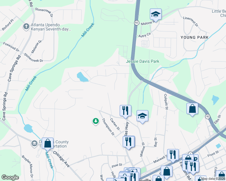 map of restaurants, bars, coffee shops, grocery stores, and more near 7971 Tower Drive in Douglasville