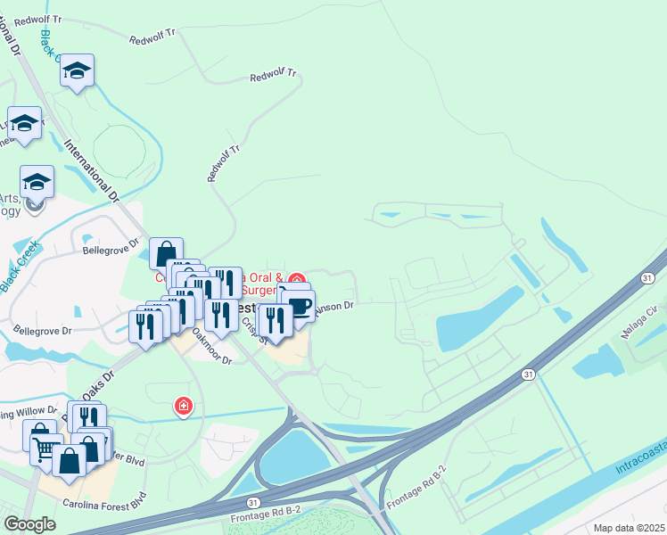 map of restaurants, bars, coffee shops, grocery stores, and more near 113 Breakers Drive in Myrtle Beach