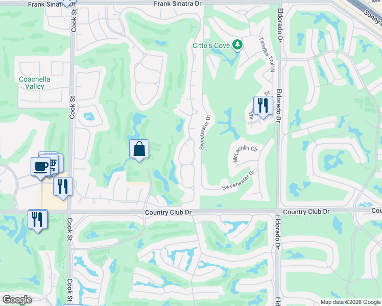 map of restaurants, bars, coffee shops, grocery stores, and more near 185 Desert Falls Drive East in Palm Desert